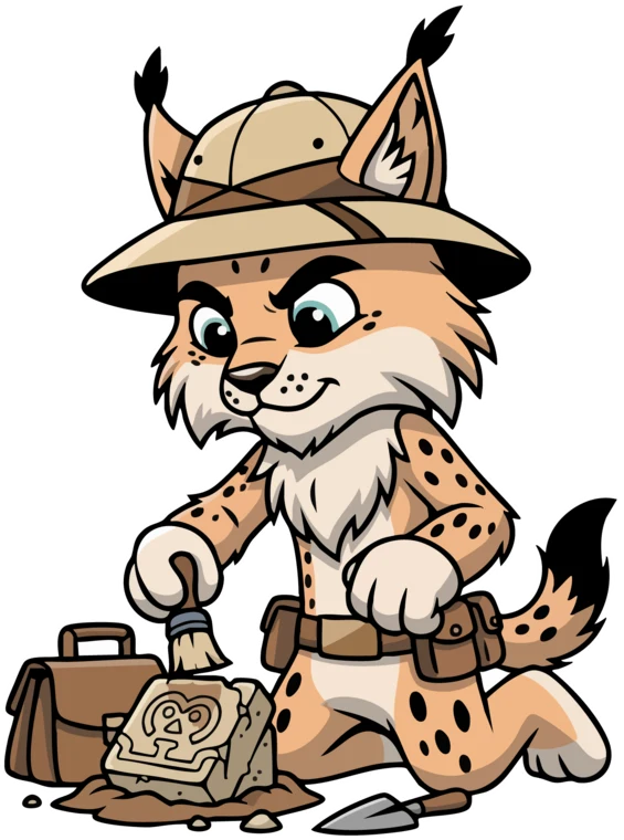 Rafy, la mascotte du Parc, en explorateur avec un pinceau et une pierre gravée